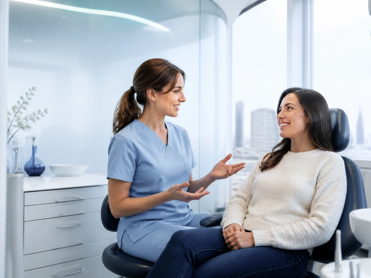 A dentist having a friendly conversation with a patient in a bright modern treatment room