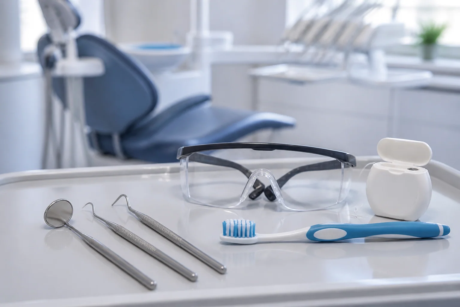 Dental mirror, tools, toothbrush and floss prepared for a preventive checkup