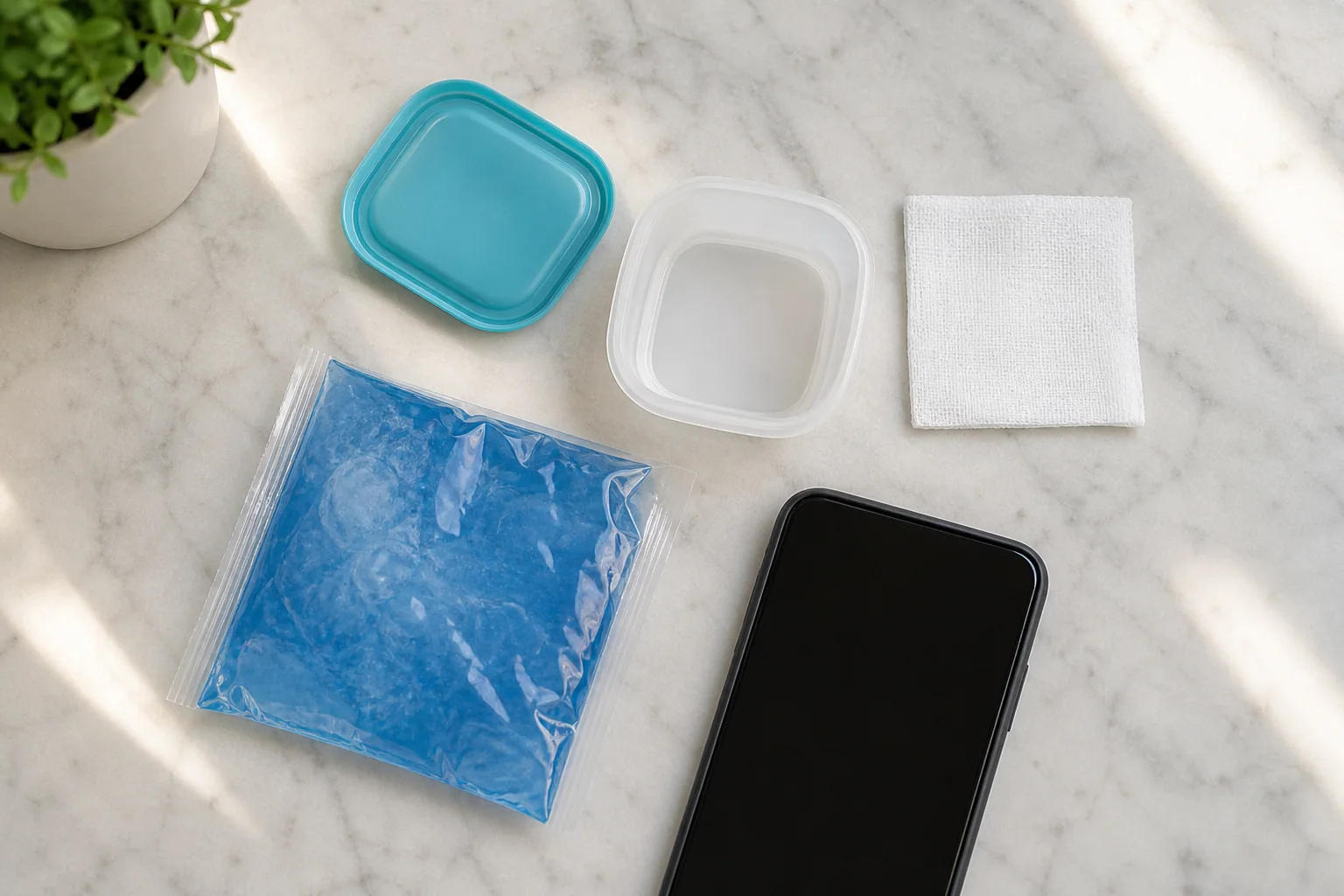Clean container, gauze, cold pack and phone arranged for dental first aid