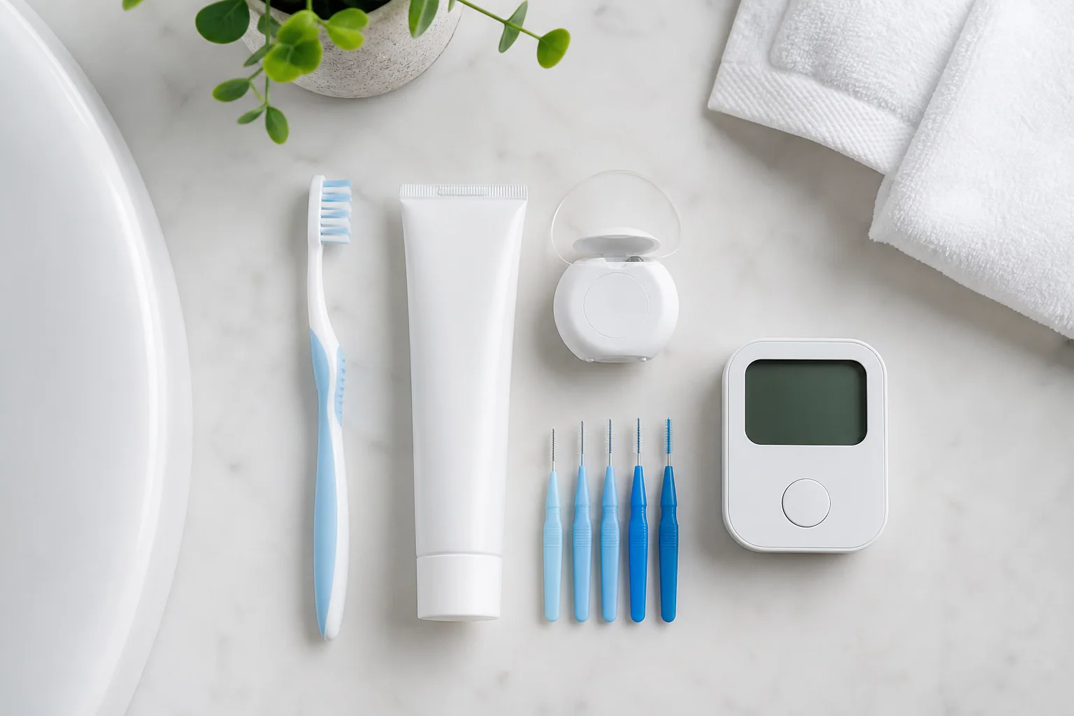 Toothbrush, fluoride toothpaste, floss and interdental brushes on a bathroom counter