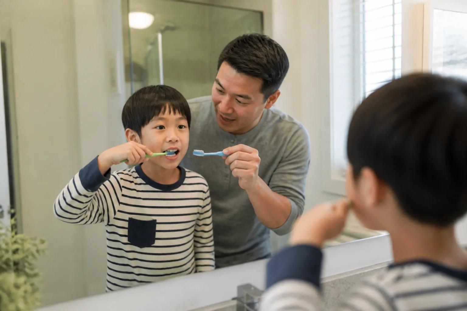 Parent helping a school-age child brush teeth correctly