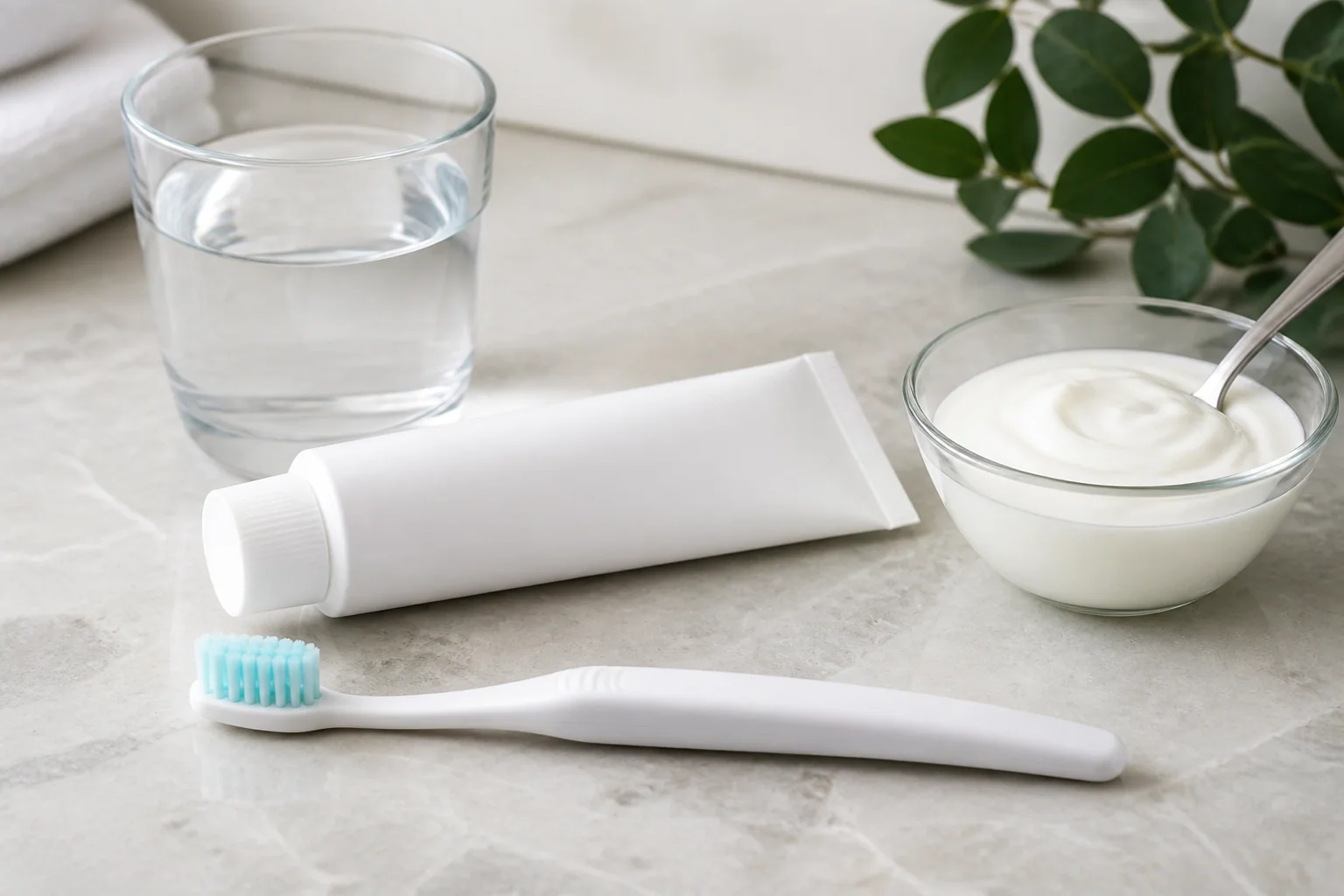 Soft toothbrush, unbranded toothpaste, room-temperature water and yogurt for a gentle routine