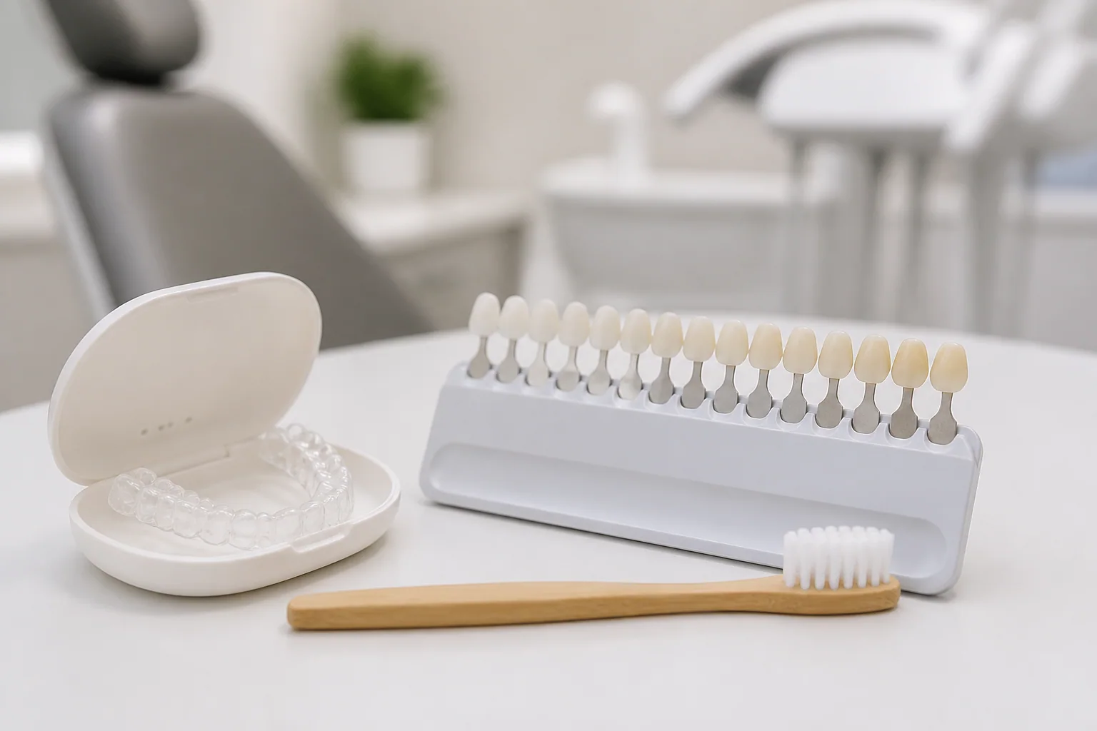 Whitening tray, tooth shade guide and soft toothbrush on a dental table