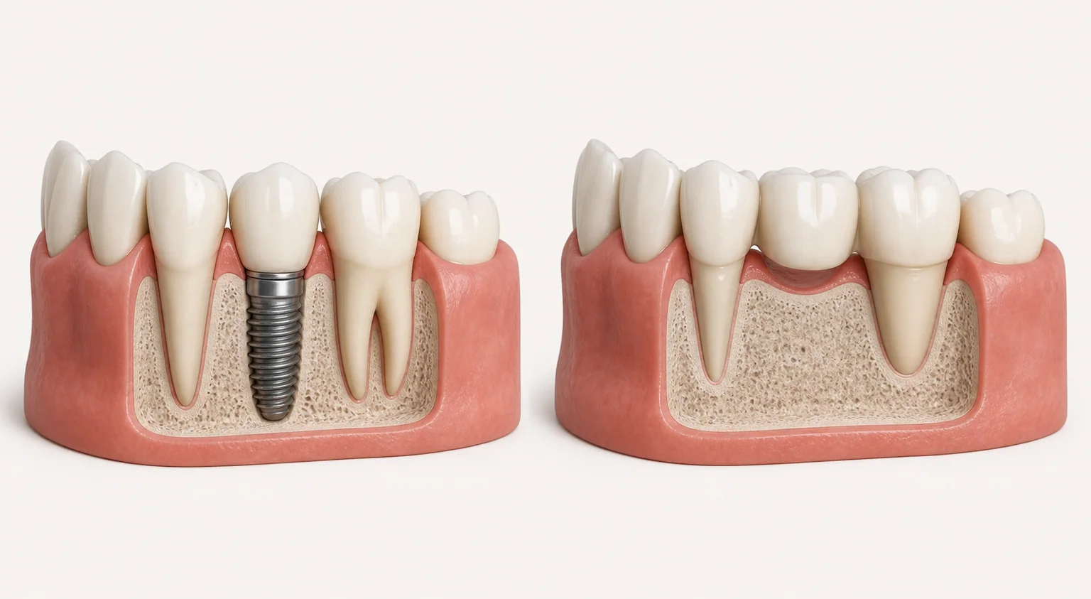 Educational dental models comparing a single implant with a three-unit bridge