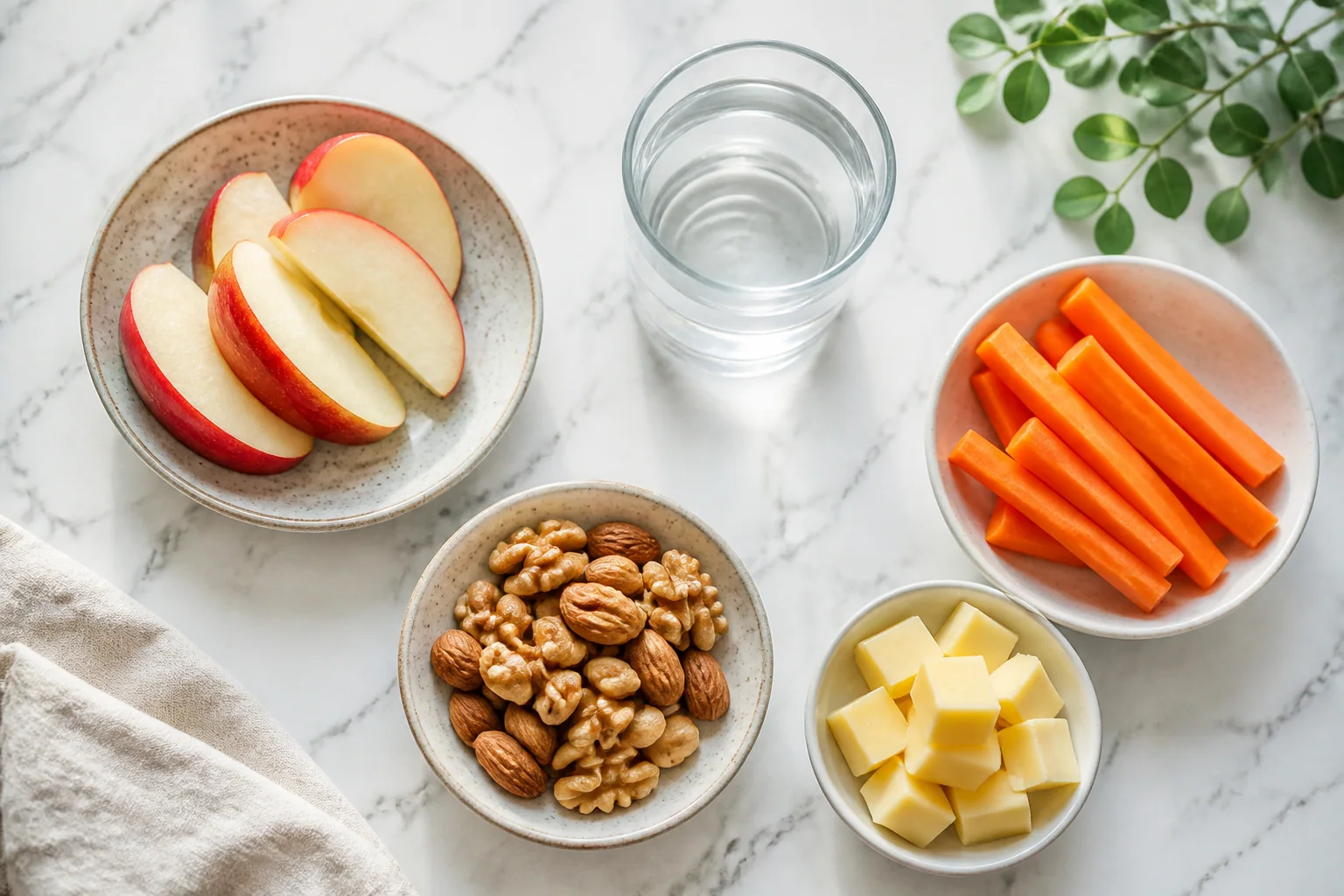Apple slices, carrots, nuts, cheese and water arranged as tooth-friendly snacks